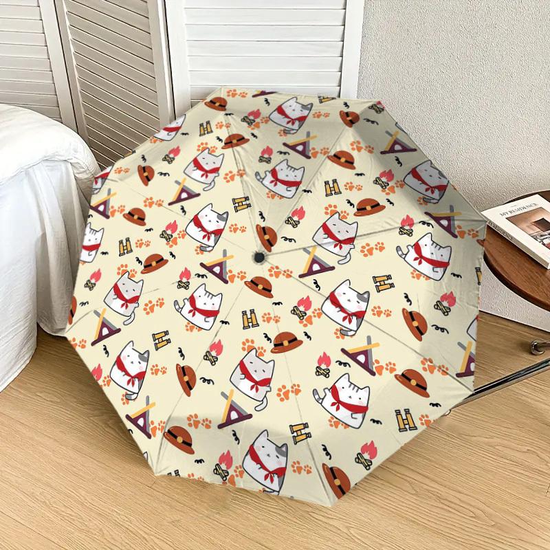1pc cat campfire Pattern Umbrella Design Automatic Opening and Closing Umbrella, High-quality Travel Umbrella, Lightweight and Portable, -89