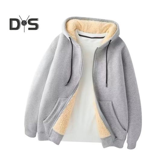 

Мужская флисовая куртка с капюшоном, зимняя, утолщенная, застежка-молния, теплая, повседневная, однотонная толстовка с капюшоном на молнии, пальто для осени и зимы M серый