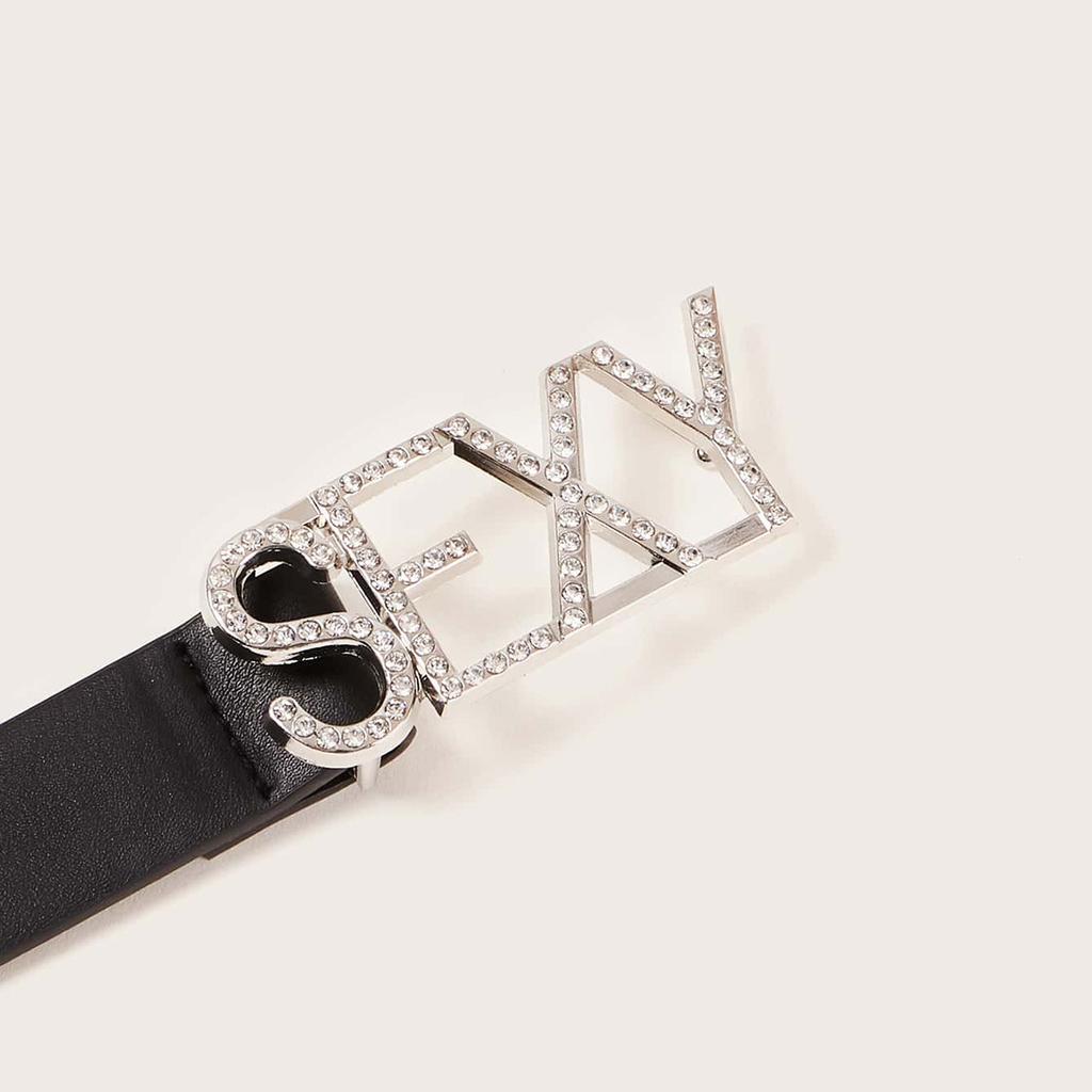 New Diamond-set Letters Sexy Diamond Buckle Simple Snap Button Fashionable Belt PU Women's European and American Fashion Belt