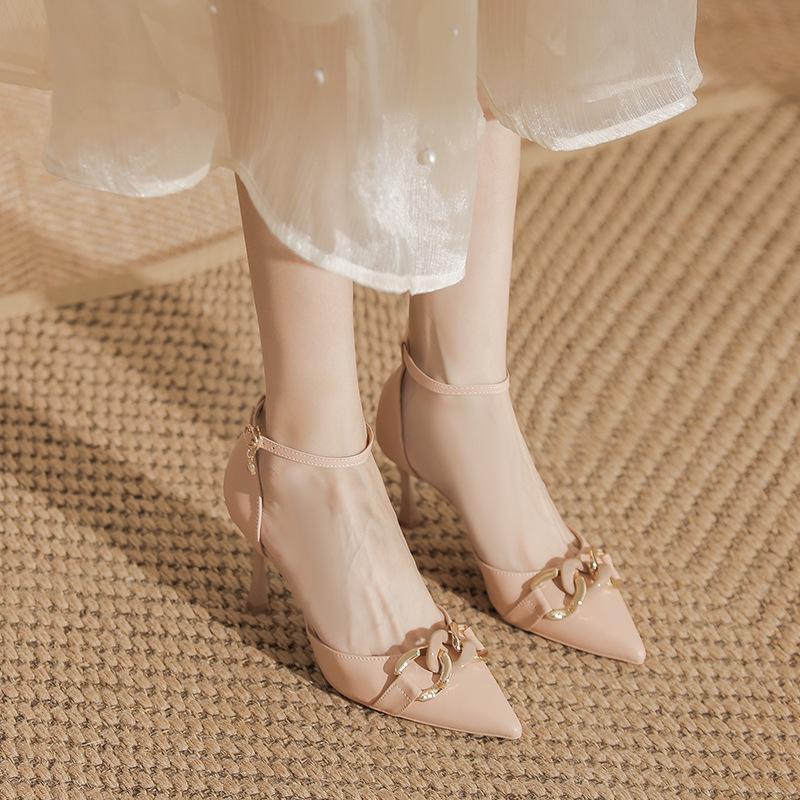 

Zyp-LQ Women s Stiletto Pointed Toe Heels, Microfiber Leather, Chain Buckle, Sizes 31-44 39