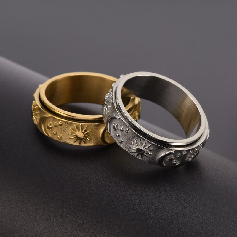 Titanium Steel Rotating Star Moon Sun Ring Men Punk Style Adjustable Size Ins Trendy Jewelry