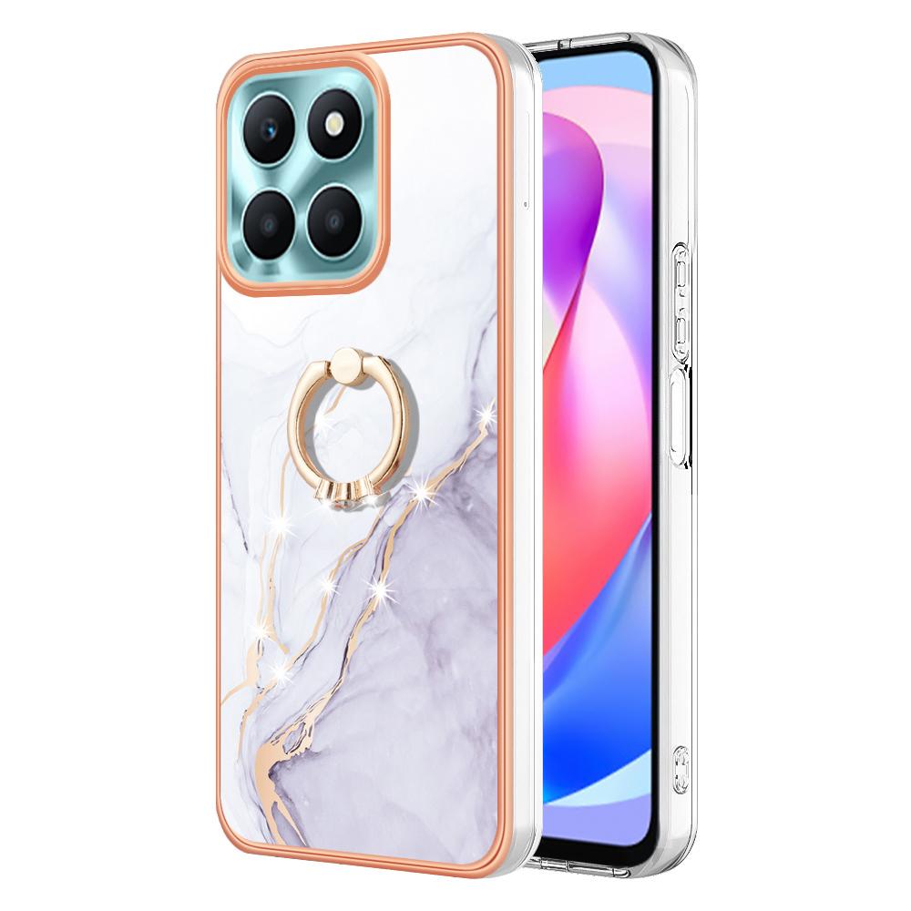 For Honor X6a 4G Case with Ring Kickstand Marble Pattern Electroplating TPU Back Cover