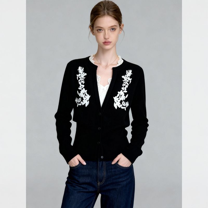 2026 New Autumn and Winter Stylish and Elegant Knitted Cardigan with High-End Floral Embroidery Sweater for Women in Spring Black Sweater S