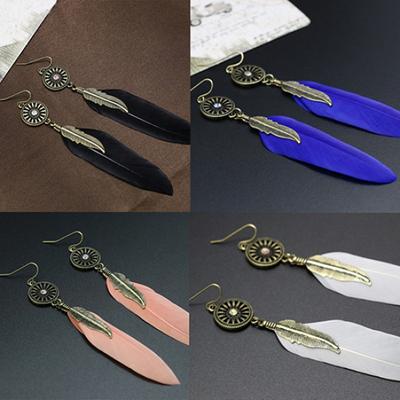 Women's Vintage Hollow Wheel Feather Pendant Eardrop Dangle Earrings Jewelry