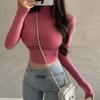 Retro Slim-Fit Pleated Half-High Collar Long Sleeve Shirt