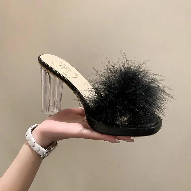 Fashion Fluffy Shoes Women's Slippers and Ladies Sandals Job Slides Heeled Sexy Furry Transparent Outside Open Toe Unique Easy Wears B Y
