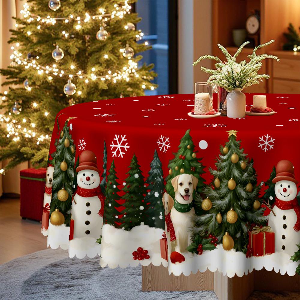 Christmas Cute Pet Snowman Round Tablecloth, Family Party Table Decorative Cloth, Warm Winter Atmosphere Layout
