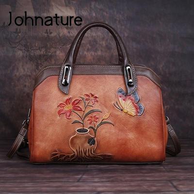 Genuine Leather Women Bag Handmade Embossing Luxury Handbag Retro Large Capacity Shoulder & Crossbody Bags