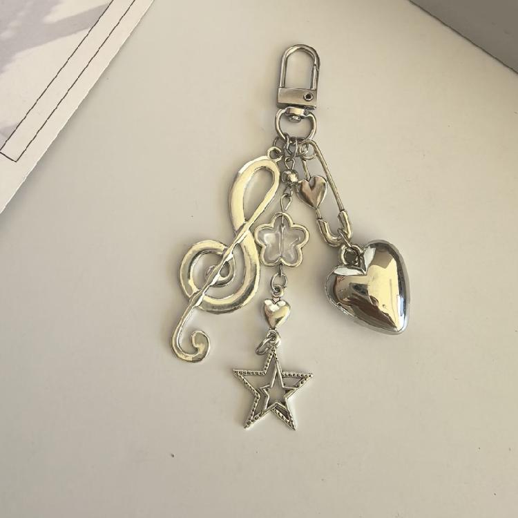 Handsome Metallic Key Holder Artistic Silver Tone Accessory Star Heart Musical Note Pendant Keychain Charm