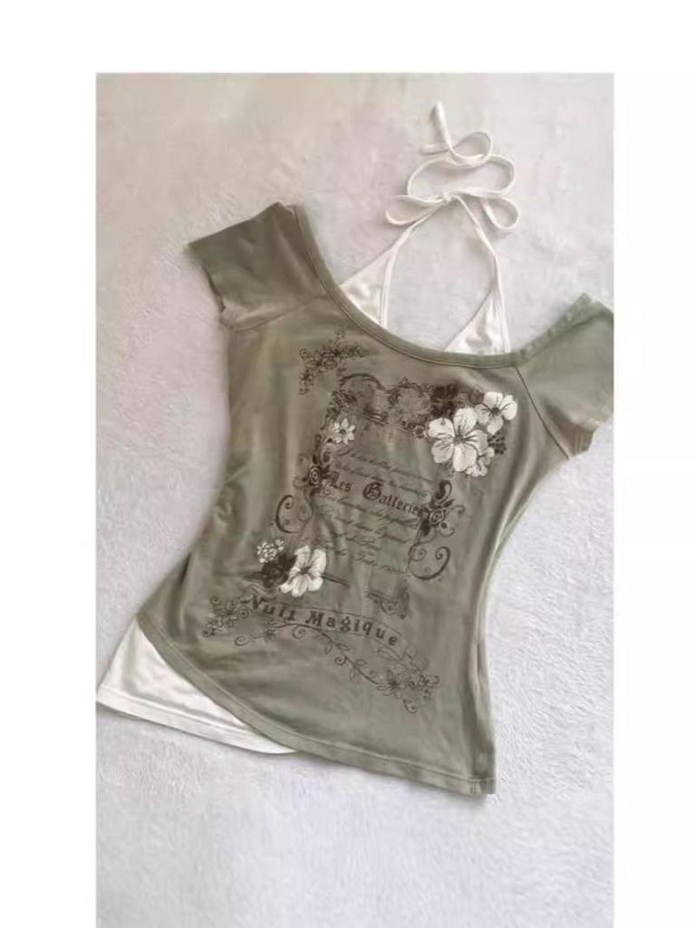 Vintage Y2K Sweet-Spicy Halter Two-Piece Style Cropped Tee