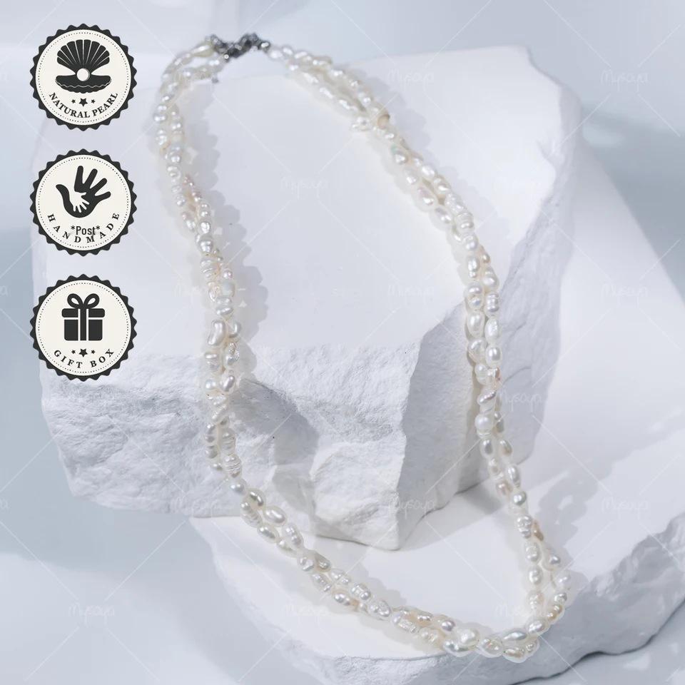 Double Layer White Baroque Freshwater Pearl Necklace (3-4mm) 14 in