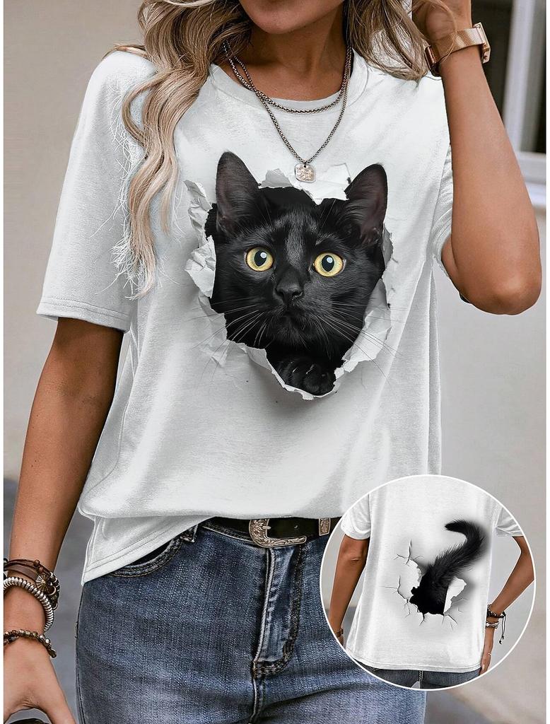 Süße Kätzchen T-Shirts Kawaii Katze 3D-Druck Sommer Damen Rundhals Kurzarm T-Shirt Harajuku Tees Y2k Tops Damenbekleidung