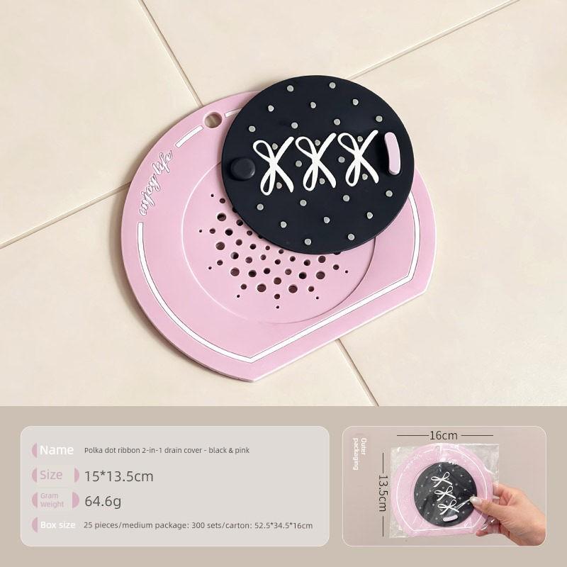 Polka Dot Ribbon Two-In-One Drain Cover for Shower to Prevent Hair from Clogging and Odor, Cartoon Drain Sticker, Multifunctional Drain Cover