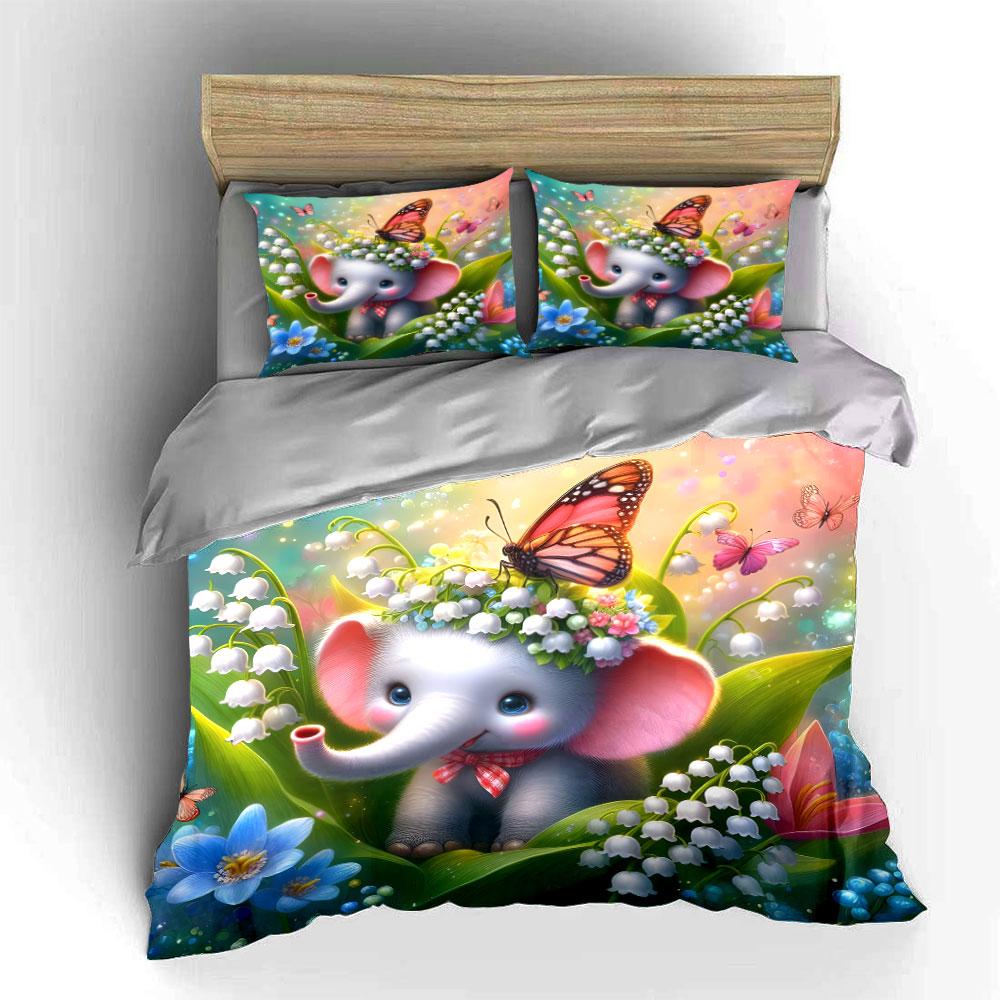 Cute Elephant and Butterfly Blossoms Bedding Duvet Cover Set  (1*Duvet Cover 2*Pillowcases, Without Duvet Insert)