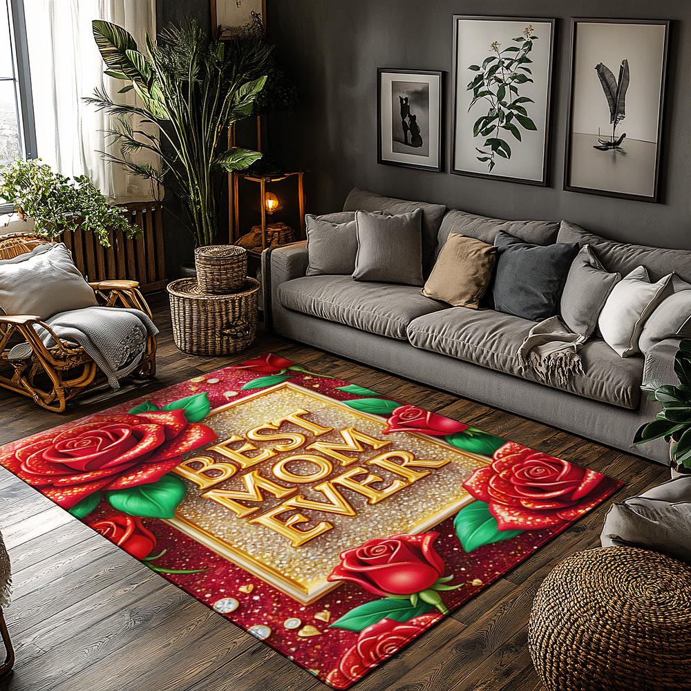 

Best Mom Ever Rose Rug, Red Floral Carpet with Gold Frame, Soft Non-Slip Sofa Mat for Heartwarming Living Room Decor 50x80cm