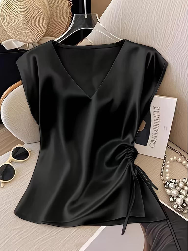 Women's Spring/Summer Solid Color Satin V-Neck Drawstring Top