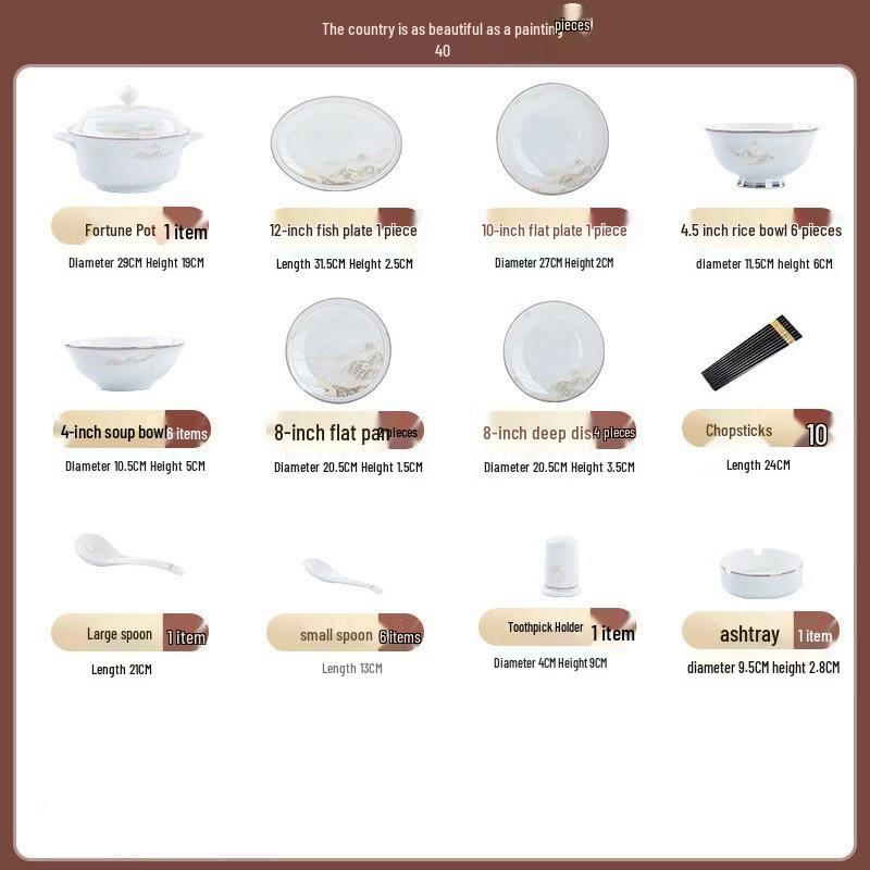 Chuyiwei Jingdezhen 40-Piece  Great Rivers  Bone China Dinnerware Set