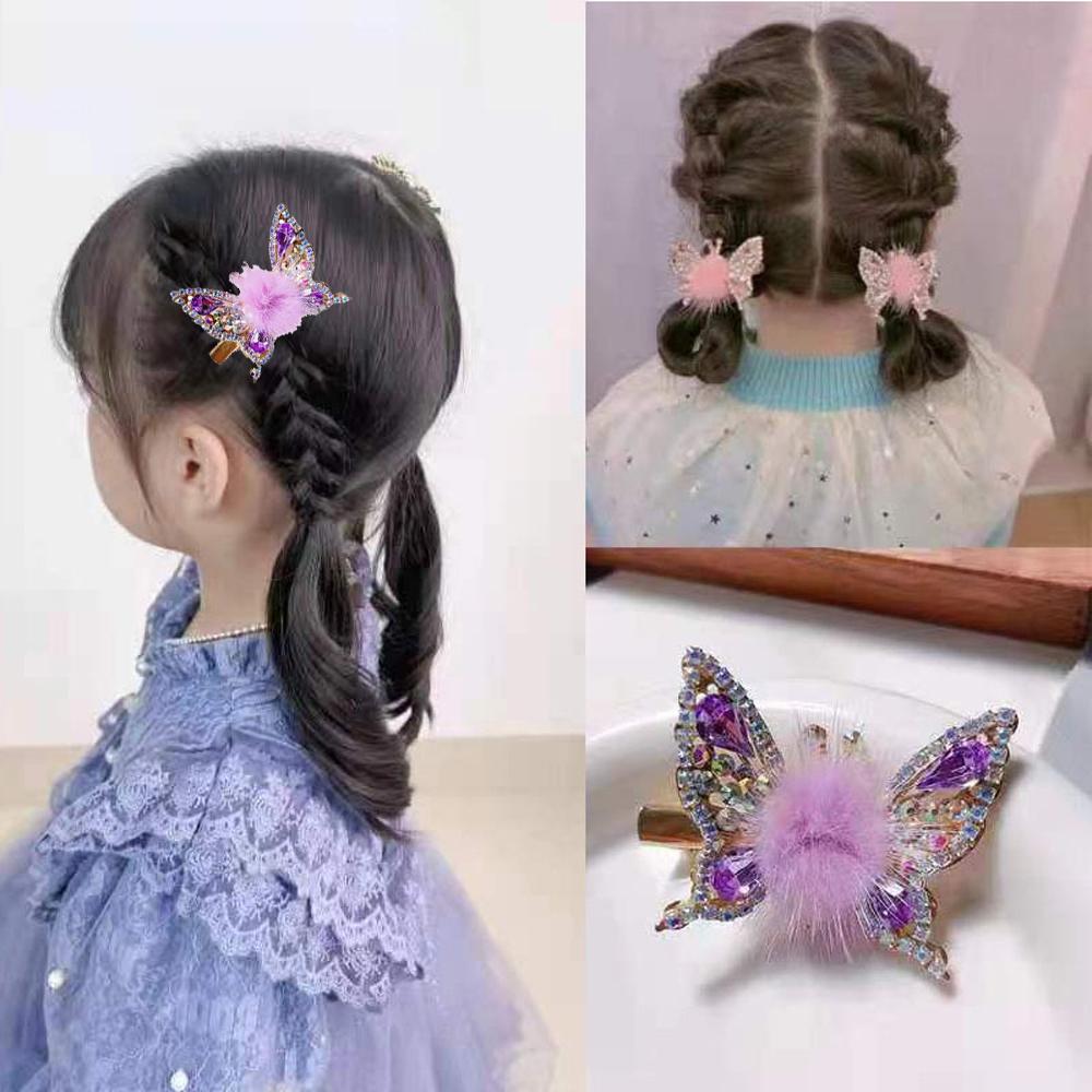 2 Pcs Butterfly Hair Clips Colorful Shiny Flying Butterfly Hairpin with Soft Hairball for Girls