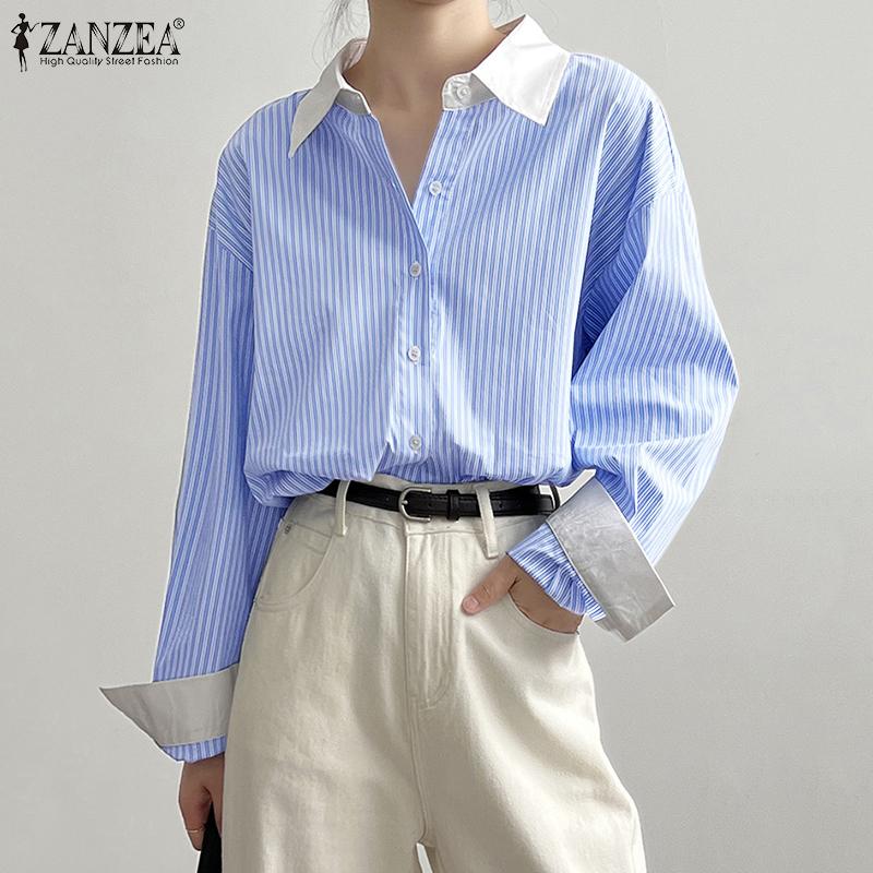 

ZANZEA Женская повседневная блузка на пуговицах с отложным воротником и длинными рукавами в полоску, рубашка на пуговицах