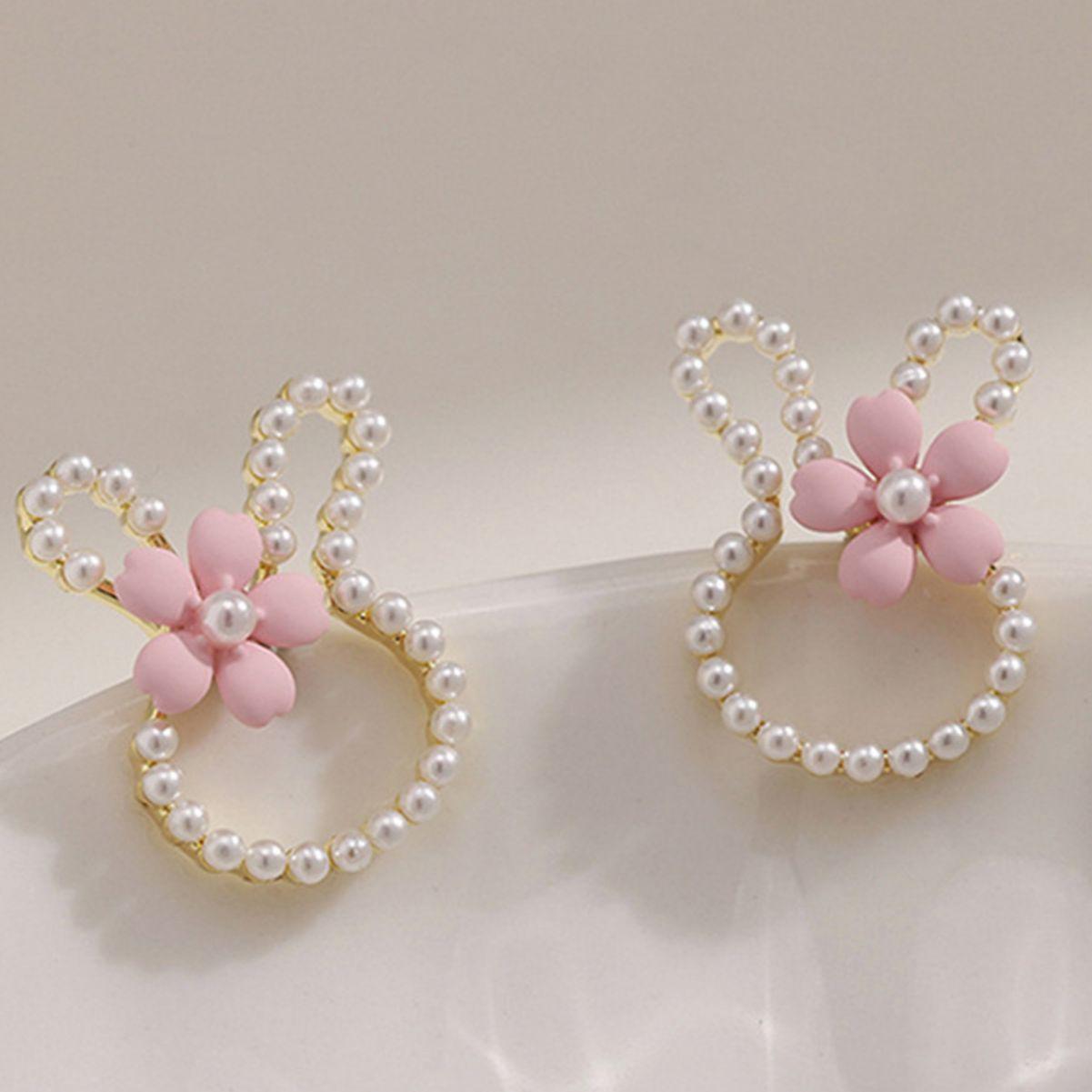 Sweet Girl Women Exquisite Eye-catching Pearl Flower Rabbit Ear Versatile Fresh Cute Stud Earrings Gift