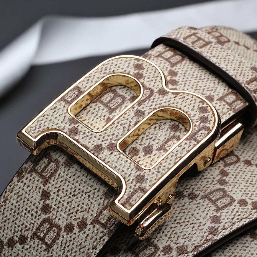 Korean Style Automatic Buckle Genuine Leather Belt for Men with Old Flower Pattern