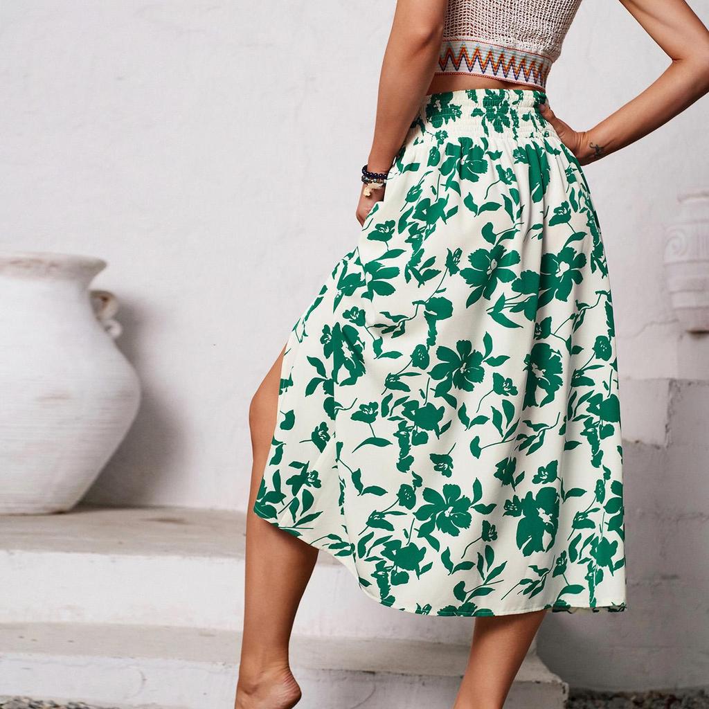 Women Spring Floral Print Skirt Summer Casual A-Line High Waist Middle Long Split Skirts S-XL