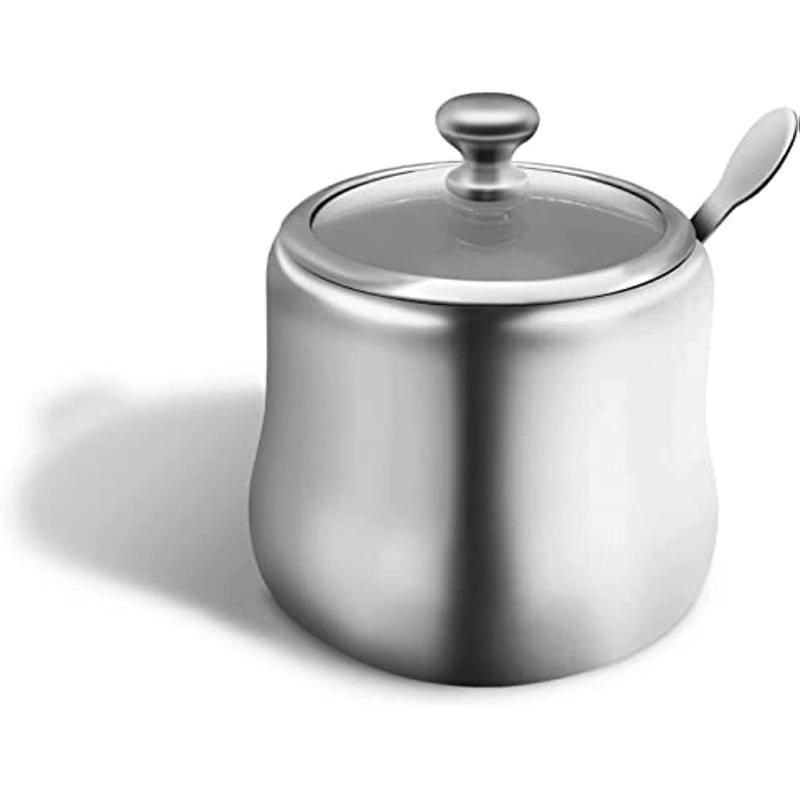 300ml Stainless Steel Sugar Bowl with Lid and Spoon 10 OZ Coffee Seasoning Jar Condiment Pot Spice Container Canister Cruet with Lid and Spoon