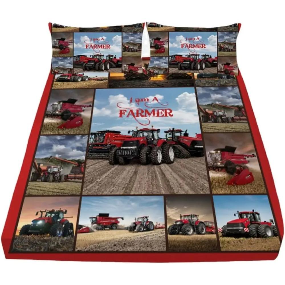 3D Tractor Fitted Sheet Kids Farm Equipment Trucks Bedding Set for Boys, Tractors Vehicles Bed Sheet Set Breathable Bed Cover
