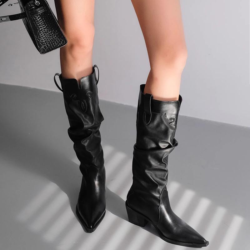 Fashion Autumn Vintage Thick Heel Women Western Cowgirl Boots Fashion Slip On Shoes Ladies Elegant Knight Long Booties