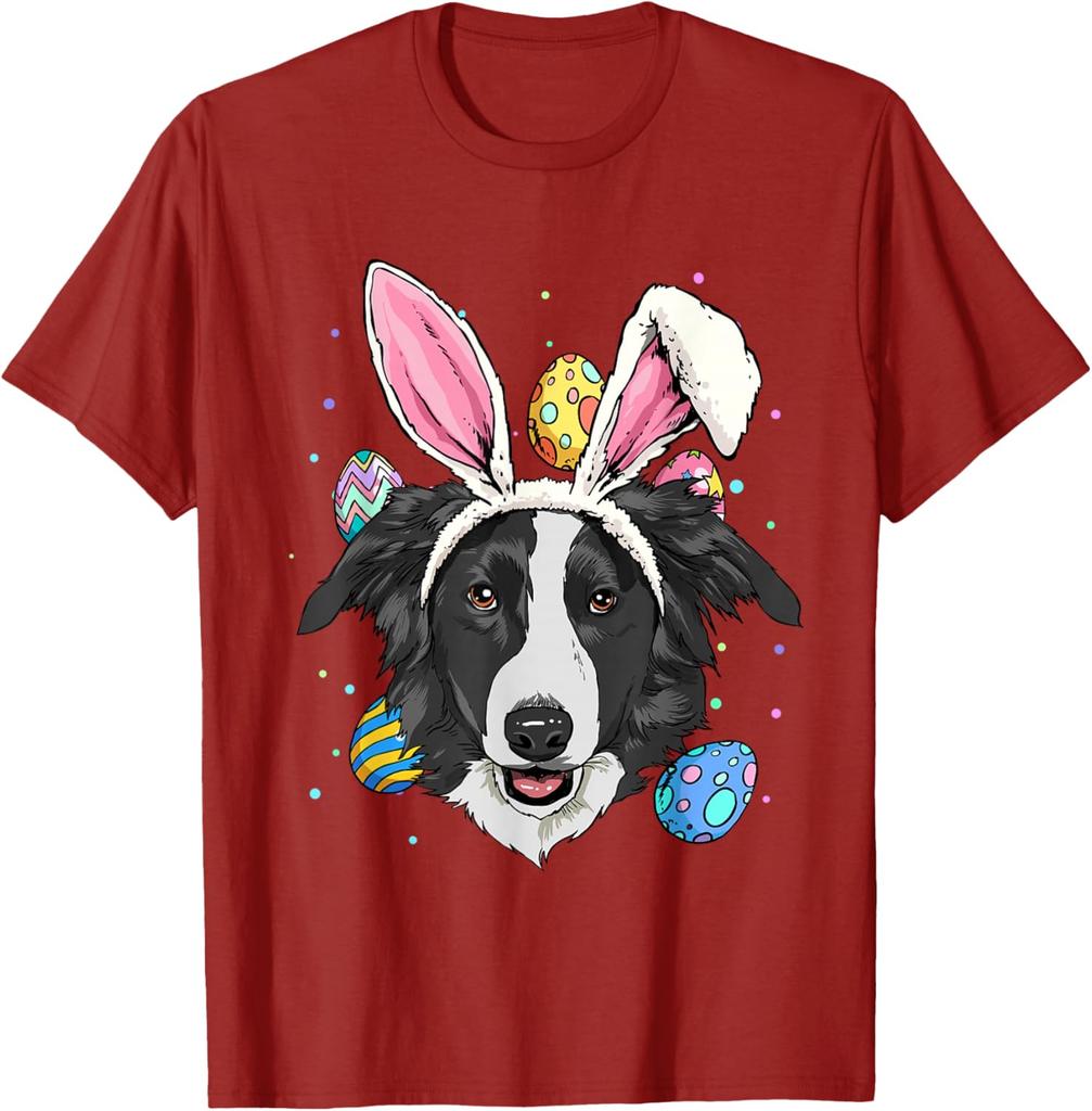 Border Collie Bunny Easter Eggs Dog Lover Graphic Tee Men Casual Trip T-Shirt