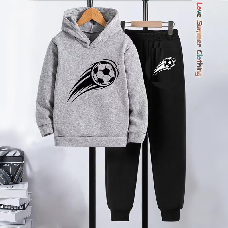 Ensemble sweat à capuche et jogging pour garçons sur le thème du football, imprimé ballon de foot, vêtements de sport à action dynamique pour jouer, tenues d'hiver pour l'entraînement de football