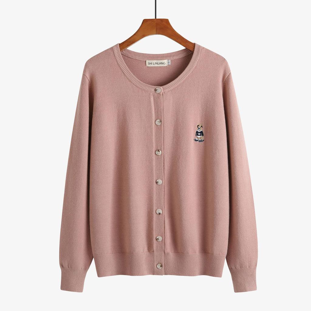 Plus Size Women's Bear Embroidery Knit Cardigan - Autumn/Winter 2026 Round Neck Thick Sweater Coat (220 Jin)