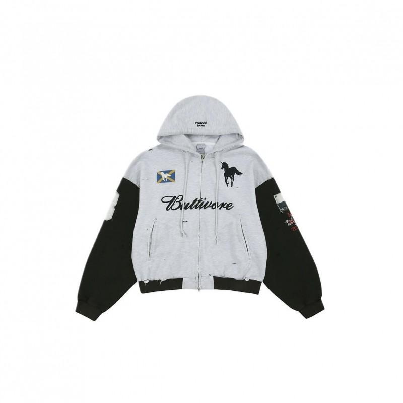 Mens Oversized Distressed Color-Block Hooded Zip-Up Sweatshirt Streetwear 2025