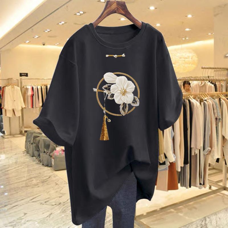 New Chinese Style Pure Cotton Medium and Long Short-sleeved T-shirt Women's Summer New Product Butt-covering and Thin Large-size T-shirt Top