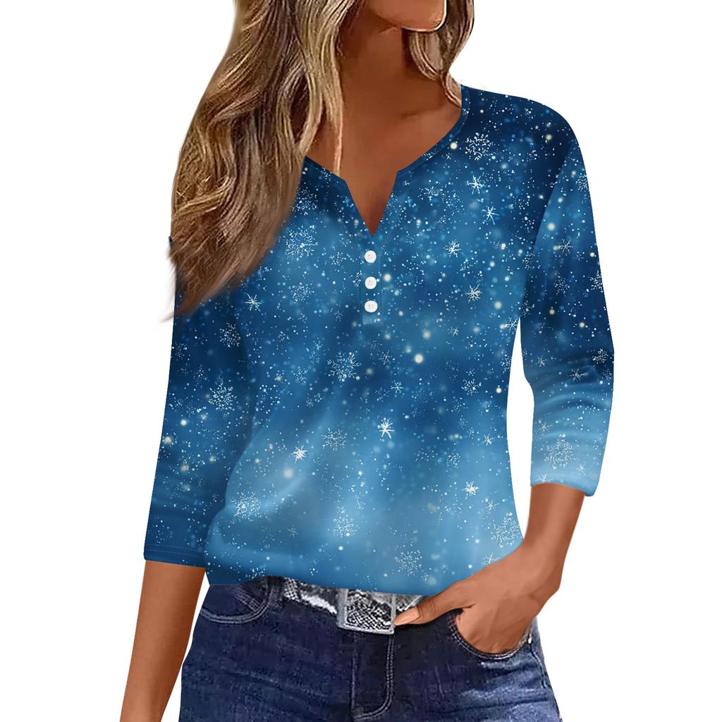 Women's Fashion Casual Christmas Tree Print V-Neck Decorative Button Three-Quarter Sleeve T-Shirt Top