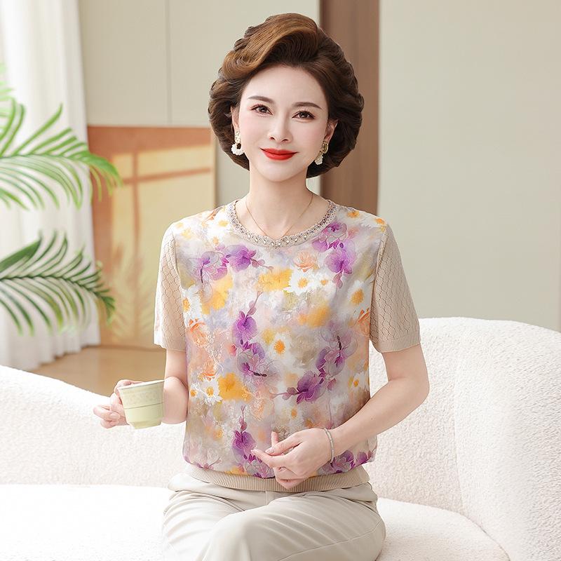 

Stylish Silk Blouse: Elegant Short-Sleeved Summer T-Shirt for Middle-Aged & Elderly Women L (80-100 jin)