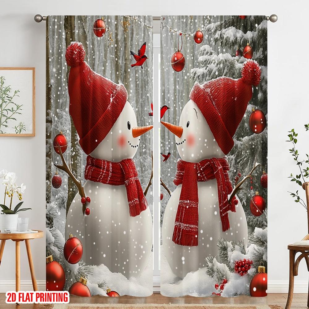 2pcs  2D Plane Printing Curtains Cute Snowmen Winter Christmas Scene (3) Versatile Fabric (without Rod) Decorations Outdoor