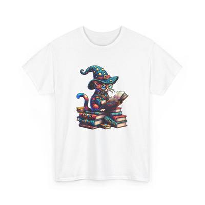 Unisex Adult T Shirt Colorful Cat Wizard Reading Books Magical Pet Lover Gift