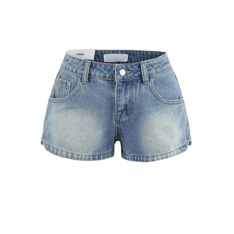 Summer New Product Women's Clothes American Washing Effect Straight-leg Side Arc Slit Design High Waist Denim Shorts