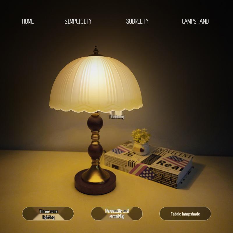 Wabi-Sabi Glass Table Lamp: Retro Solid Wood Bedside Lamp for Bedroom & Study, Light Luxury Night & Ambient Lighting.