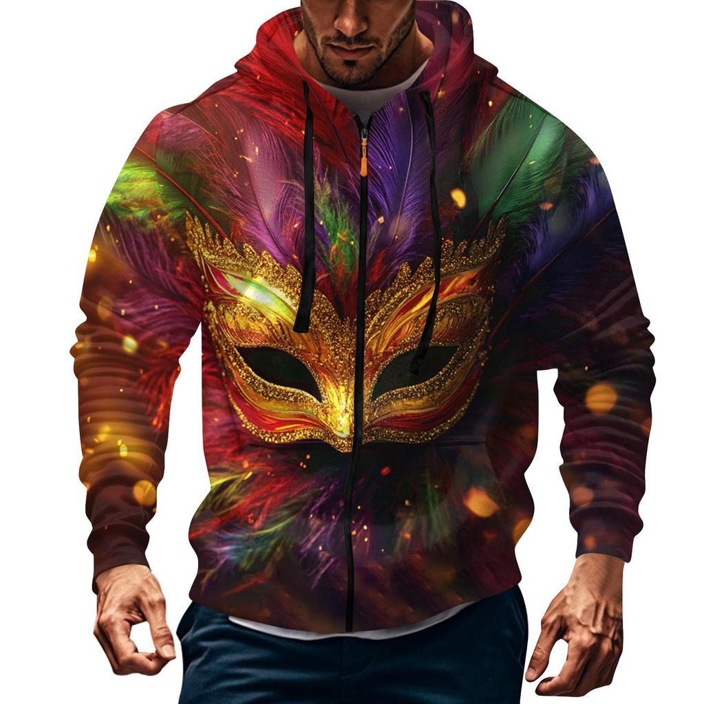 Men's Sports Casual Fleece Hoodie Carnival Print Hoodie Cardigan Zipper Multi-pocket Hoodie Coat