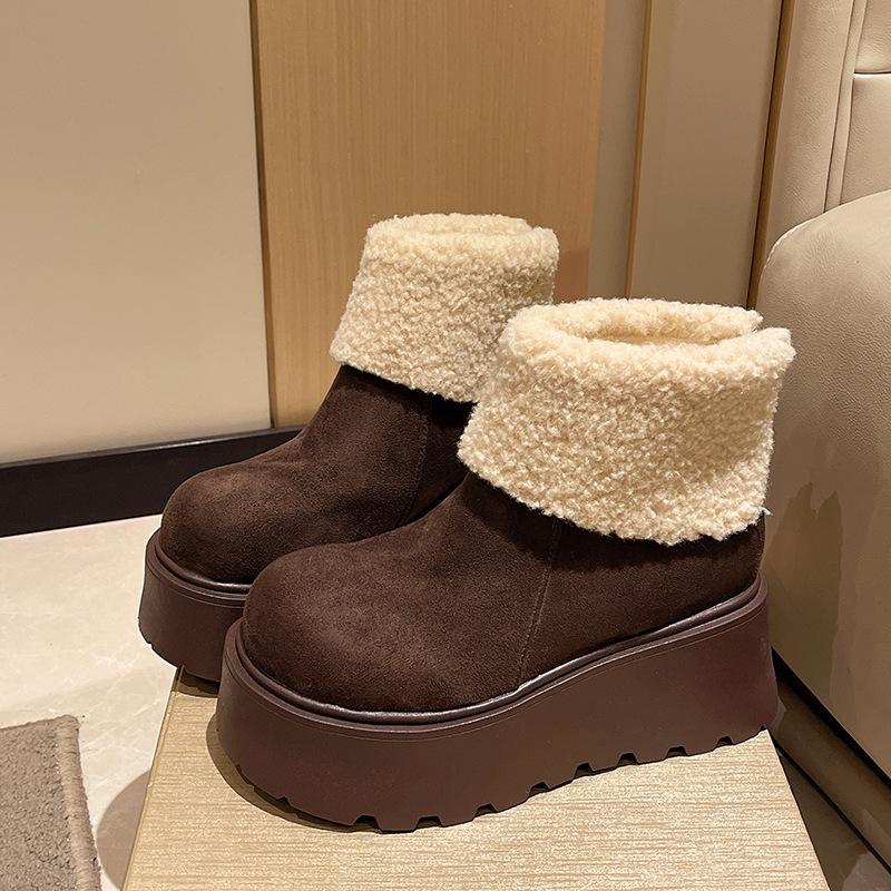 2025 New Winter Cotton Shoes Heightened Ugly Snow Boots Women's Fashion Warm and Velvet Thick-soled Big-headed Fluffy Short Boots