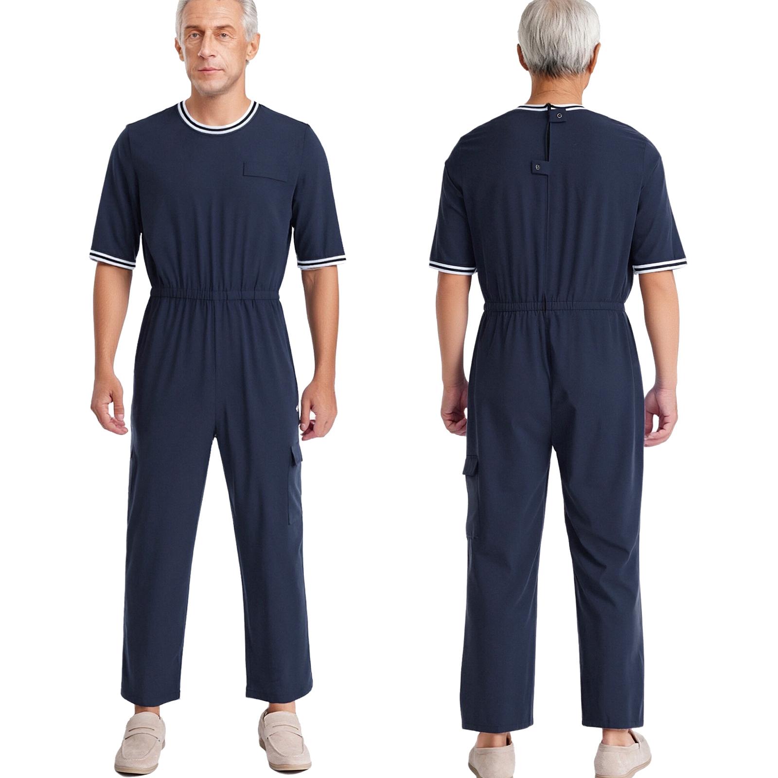 Demenzierefreundlicher Jumpsuit für Herren M-3XL Rundhalsausschnitt Kurzarm Elastischer Bund Verdeckter Reißverschluss Hinten Tasche mit Klappe für einfaches Anziehen XL navy blau