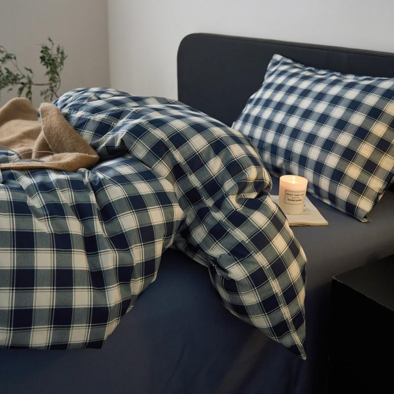 100% Cotton Bedding Set Simple Plaid Dorm Guest Room Bed Sheet Duvet Cover Pillowcase