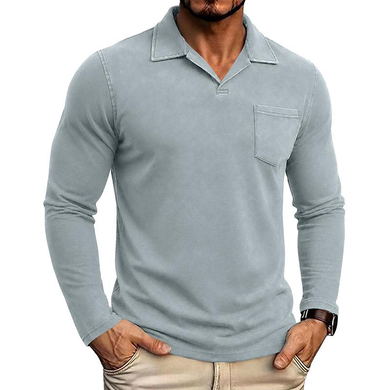 Men Vintage Washed Distressed Long Sleeve Polo Shirt Turn Down Collar Casual Top