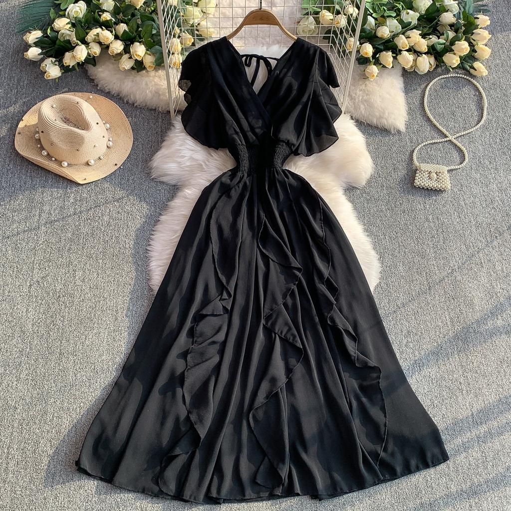 French temperament lace-up V-neck short-sleeved dress for women's summer elastic waist and thin big pendulum ruffle edge long skirt