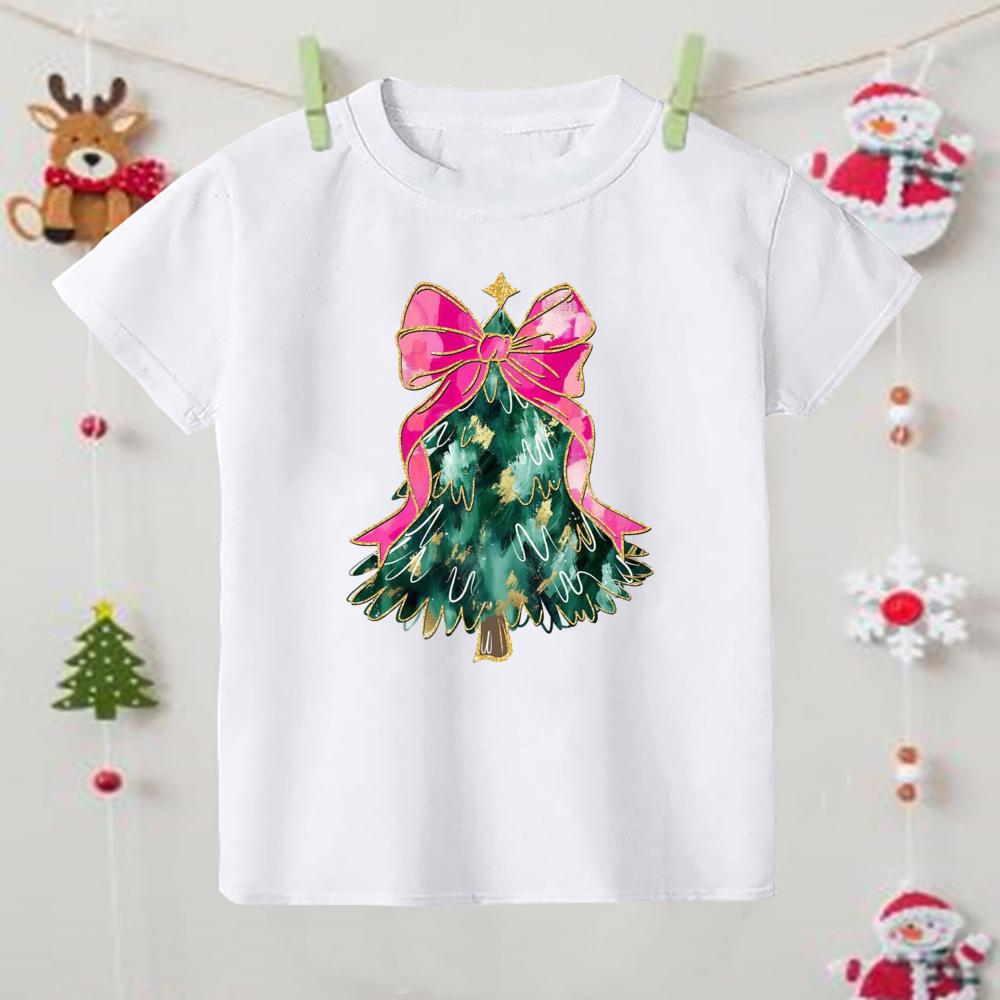 

Детская футболка с принтом банта на рождественской елке, наряд для рождественской вечеринки для девочек, праздничная футболка, рождественская детская одежда с коротким рукавом 100