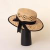 New Elegant Women'S Black Bow Straw Hat Hollow Woven Flat Top Sun Hats For Women Summer Beach Travel Beach Vacation Caps