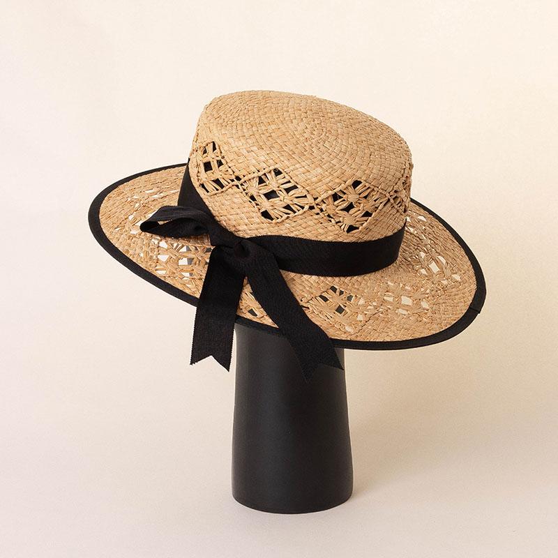 New Elegant Women'S Black Bow Straw Hat Hollow Woven Flat Top Sun Hats For Women Summer Beach Travel Beach Vacation Caps