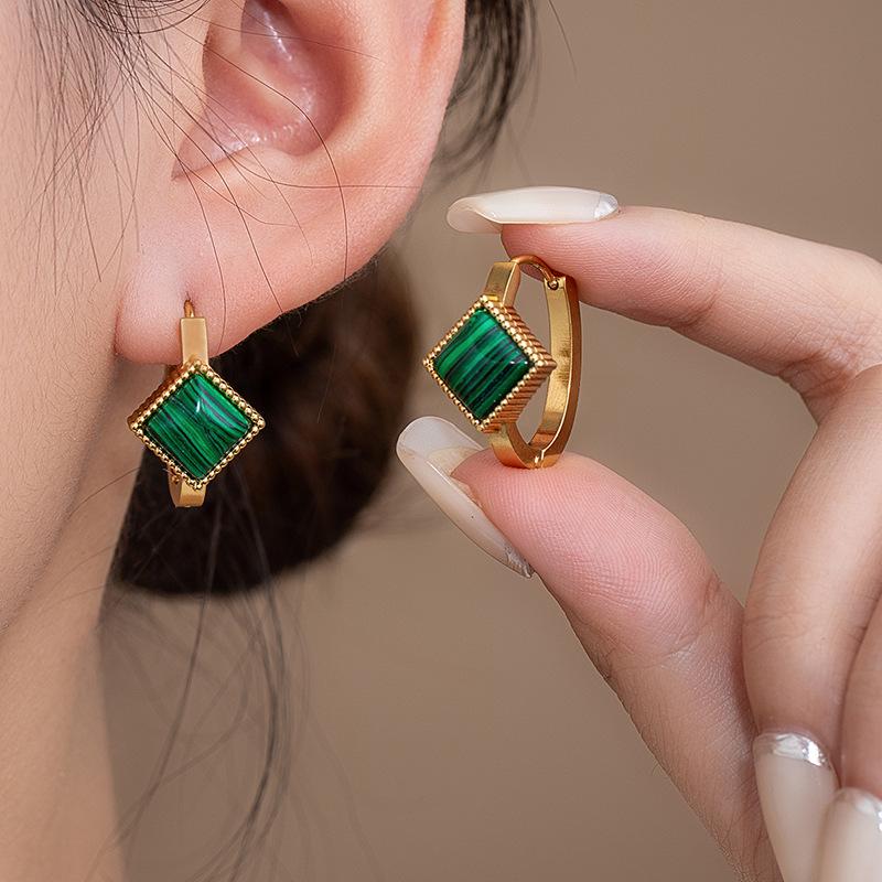 High-end Geometric Stainless Steel Stud Earrings with Imitation Blue Turquoise Cat's Eye